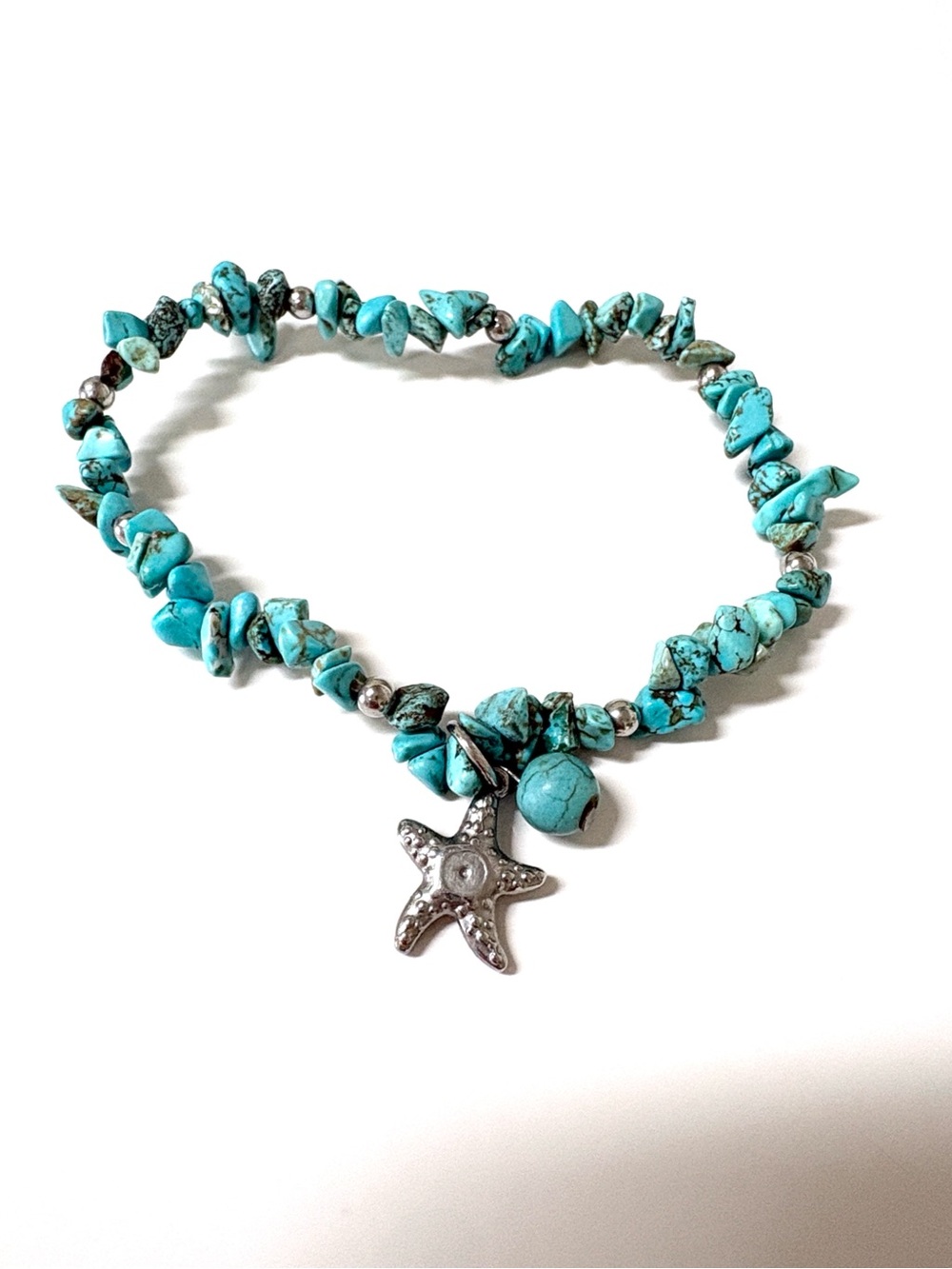 Turquoise Chip Beaded Anklet Beachy Starfish Charm Stretch Ankle Bracelet OS